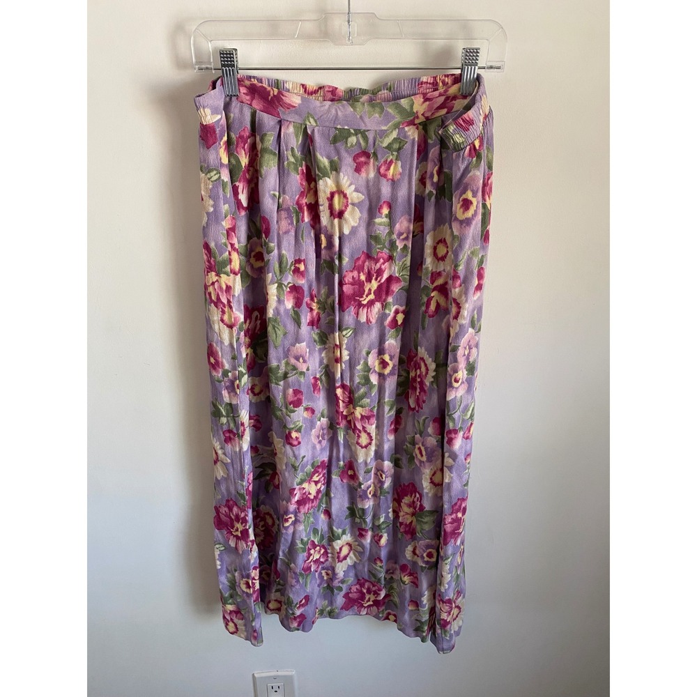 Jaclyn Smith Vintage Floral Midi Skirt Purple Pink Rayon Large High Waist 90s